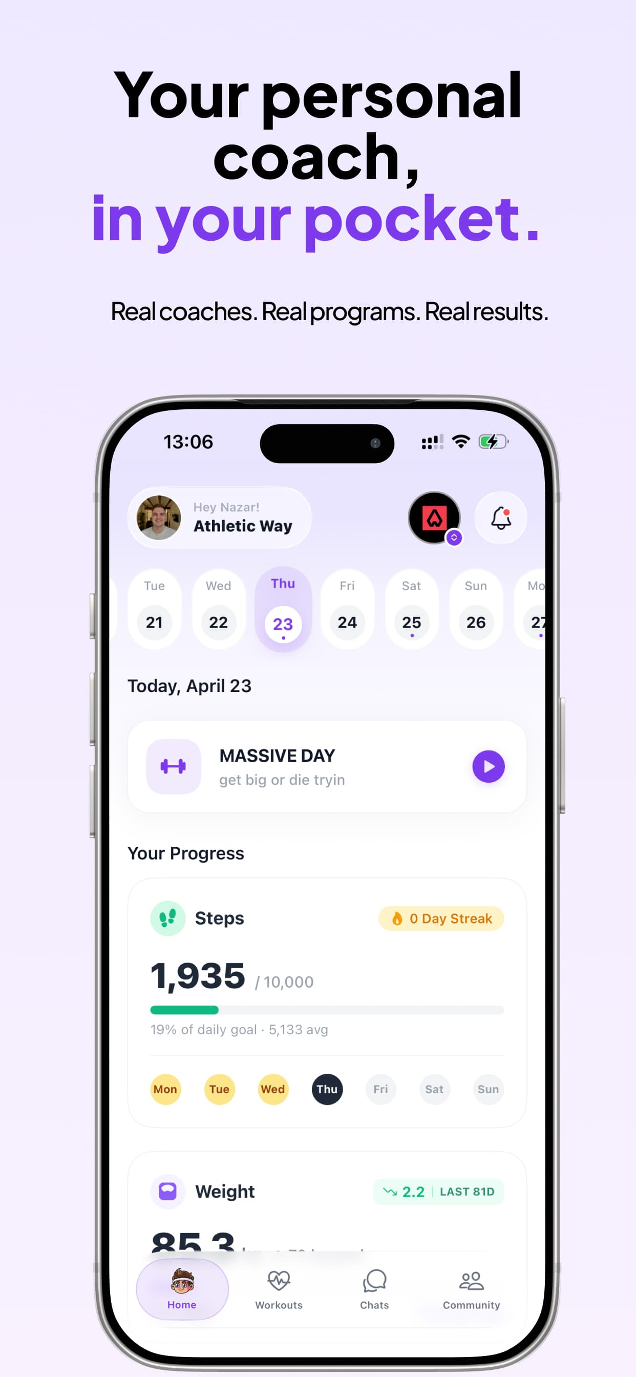 Jimmy Coach — the member home screen with today’s workout, steps and weight progress