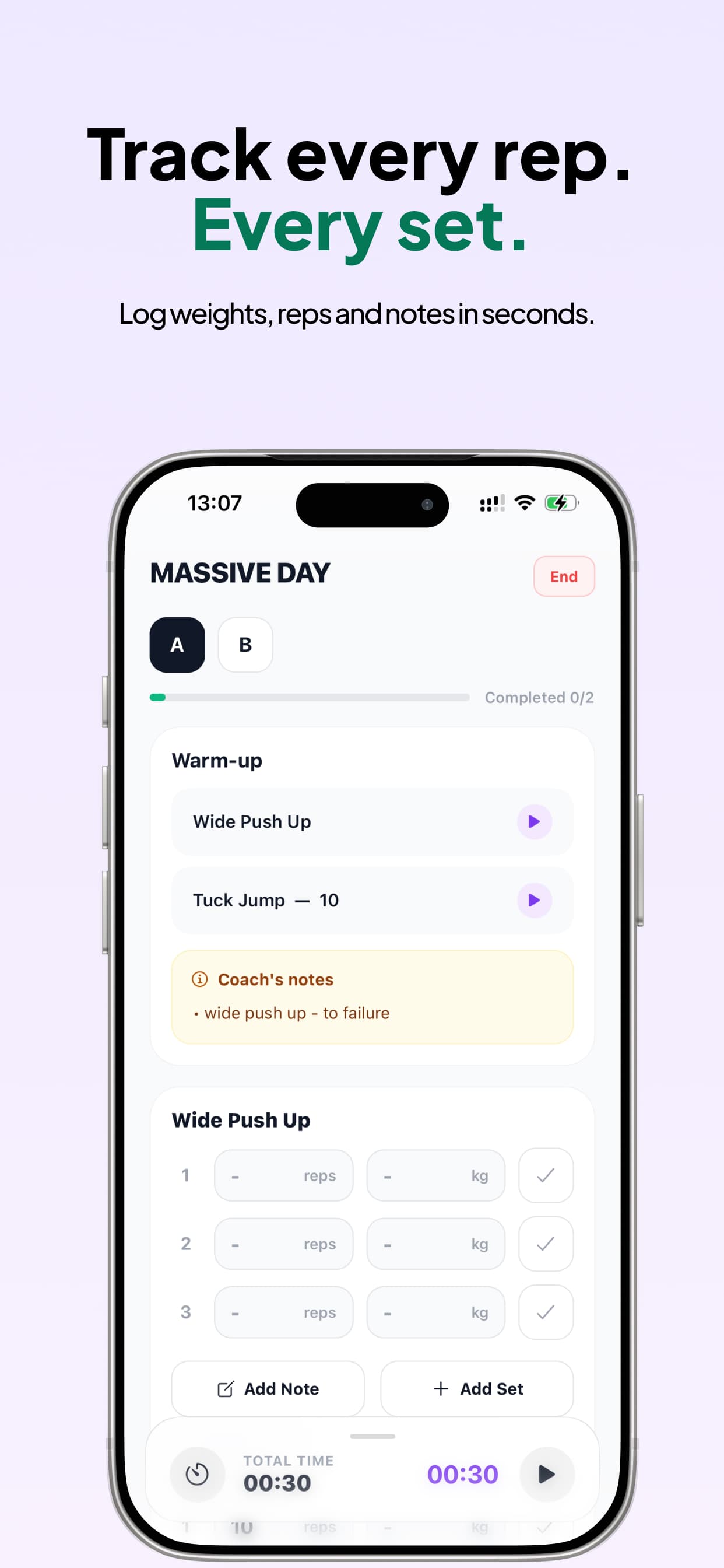 Jimmy Coach — logging reps, weights and coach’s notes during a live session